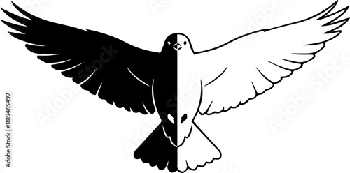 Striking black and white dove soars with wings spread wide symbolizing peace, freedom, and duality in a powerful graphic