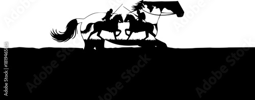 Dynamic duo of cowboys on horseback galloping across open plains embodying freedom and adventure