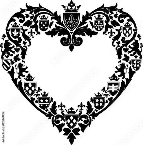 Elegant ornate heart emblem with heraldic crests and floral motifs, perfect for luxury branding and romantic designs.