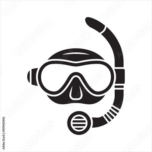 Black diving mask and snorkel silhouette on white offers a minimalist underwater exploration feel