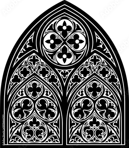 Intricate Gothic window tracery design, elegant architectural detail, historical building facade element, classic ornamental pattern, ornate artistry