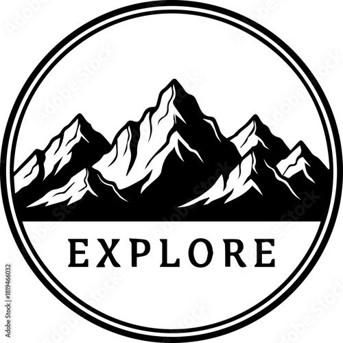 Inspiring mountain crests within a circular emblem beckon adventurers to explore rugged peaks and embrace the call of the wild outdoors.