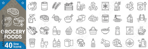 Grocery food and product categories vector icons set. Editable line pack of supermarket essentials, fresh produce, dairy, beverages, snacks, shopping and more symbols.