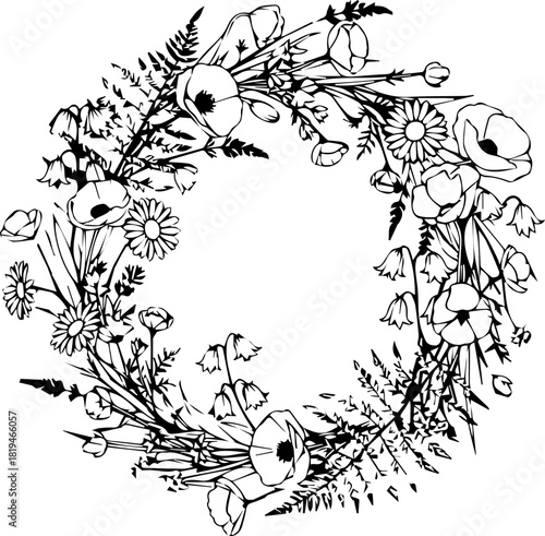 Delicate floral wreath brimming with blooming poppies, daisies, and ferns, perfect for elegant invitations, seasonal decor, and natural branding projects.