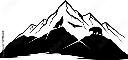 Majestic mountain range with howling wolf, soaring eagle, and powerful bear creating an iconic wilderness adventure scene.