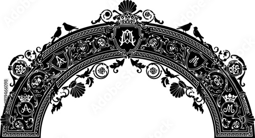 Elegant ornate archway with intricate scrollwork, crests, and birds, evoking historical grandeur and timeless design for sophisticated projects.