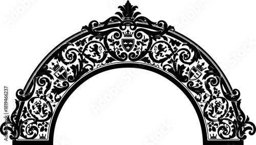 Elegant ornate archway flourish with intricate scrollwork and heraldic crests, perfect for historic architecture and luxurious branding.