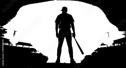 Confident baseball player stands ready with bat, embodying athletic strength and competitive spirit against a dramatic backdrop.