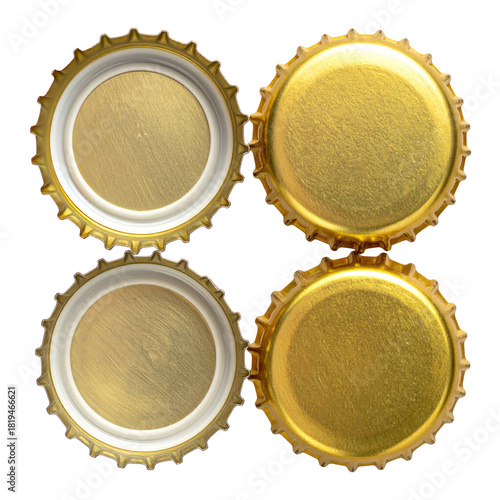 Four metal crown caps, two showing interiors, golden hue, isolated on black
