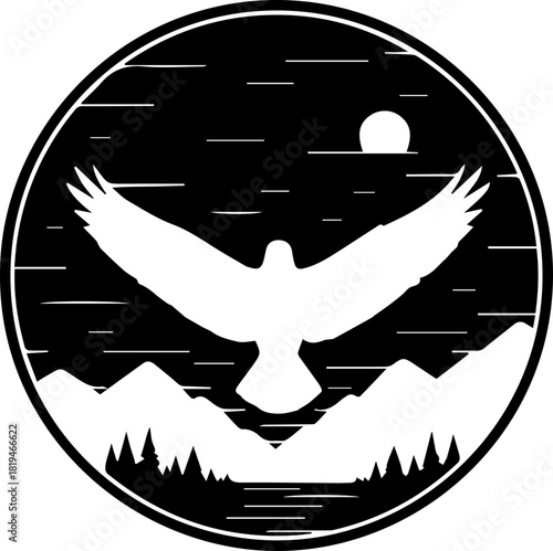 Majestic eagle soaring over serene mountain landscape under moonlit night sky, symbolizing freedom and nature's grandeur.