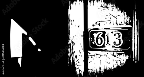 Bold numeral 613 emblem on distressed wooden door, stark graphic style, evoking retro or industrial design themes for creative projects.
