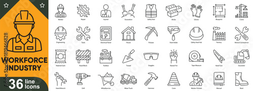 Workforce and industry line icons set. Customizable vector symbols of construction worker, hard hat, hammer, wrench, safety vest, toolbox, crane, shovel, welding torch and more.