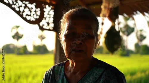 Elderly woman with wrinkles smiles warmly in soft sunlight.