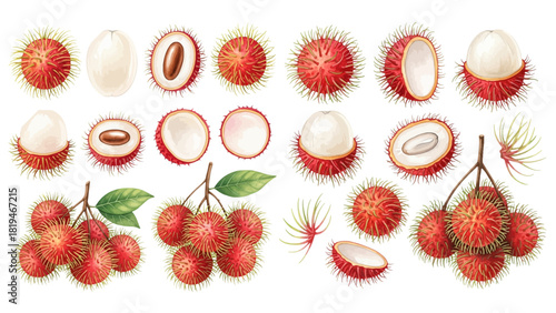 A vibrant collection of watercolor fresh red rambutans, featuring whole fruits, peeled halves revealing their glossy white flesh, and clusters of spiky shells