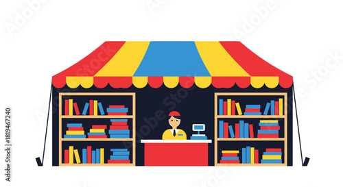 This flat design vector illustration depicts a vibrant open-air book stall at the Jaipur Literature Festival, featuring a colorful tent canopy and neatly stacked books. 