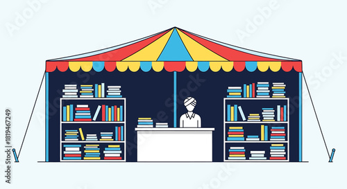 This flat design vector illustration depicts a vibrant open-air book stall at the Jaipur Literature Festival, featuring a colorful tent canopy and neatly stacked books. 