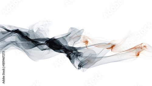 Minimalistic abstract representation of smoke in graceful grey and orange hues flowing elegantly across a white background