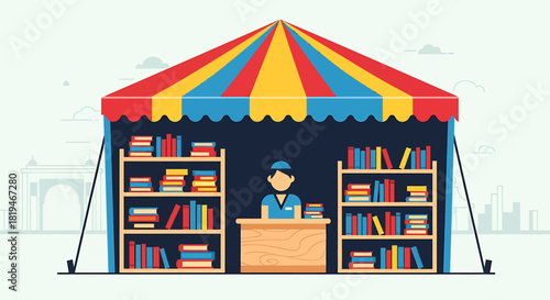 This flat design vector illustration depicts a vibrant open-air book stall at the Jaipur Literature Festival, featuring a colorful tent canopy and neatly stacked books. 