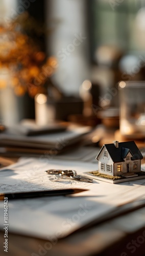 A miniature model of an entire house placed on top of blueprints with a pencil and on a desk
