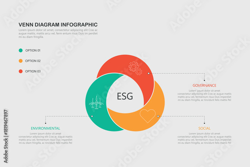 Venn diagram infographic with ESG concepts, including vector illustrations of environmental, social, and governance issues with icons. Sustainable and ethical business