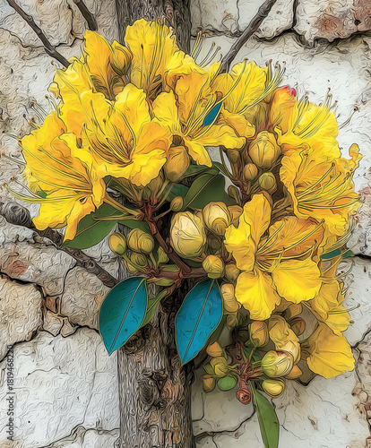 Golden Blooms on Rustic Stone Wall