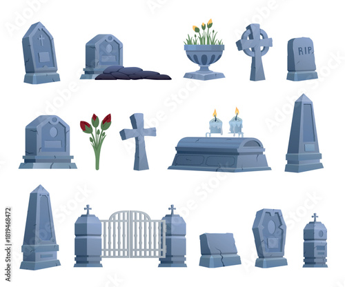 A set of tombstones and memorial obelisks for a cemetery with a decorative fence. Various tombstone shapes, flowers, and candles symbolize remembrance and respect.