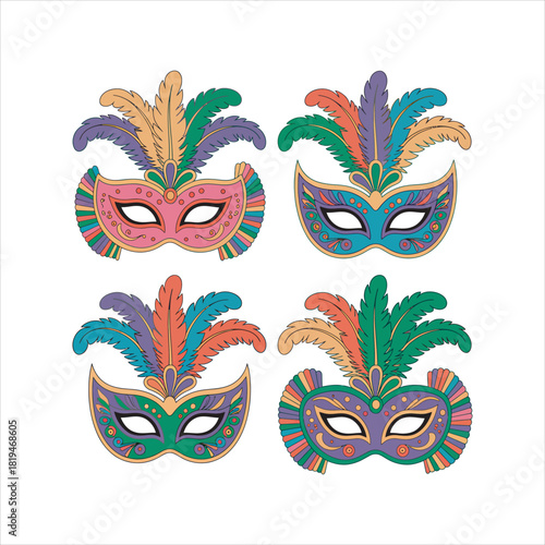 Colorful feathered masks showcase elaborate detailing and vibrant hues against a white background