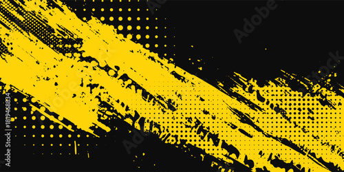 Yellow and black backdrop with dot halftone pattern element. Abstract brush grunge background. retro comic concept for your graphic design, banner or poster. Vector illustration.