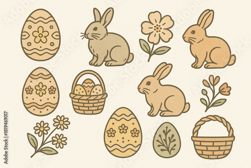 Retro Easter icon set with vintage inspired egg patterns hand drawn bunnies old style florals rustic baskets and textured decorative elements vector clean outlines muted pastel palette 