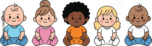 Cartoon baby character set with diverse hairstyles, outfits, and skin tones sitting in row, cute and colorful design