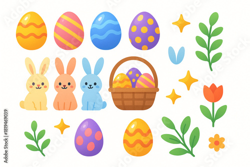 Vibrant Easter vector icon collection featuring glossy decorated eggs cheerful bunny couples basket arrangements sparkling stars leafy branches and spring themed ornaments crisp flat vector 