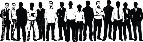 Black Silhouette and Detailed Men Standing in Line with Mixed Attire for Business, Fashion, and Vector Illustration Use