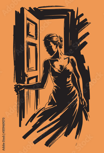 Woman in slip dress stepping out of an open doorway with dramatic lighting