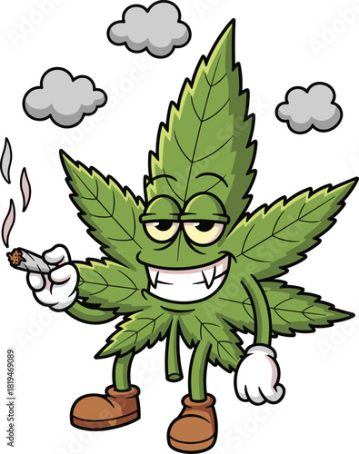 Cartoon cannabis leaf character smoking joint with expressive face, humorous marijuana mascot for recreational weed culture and vector design use.