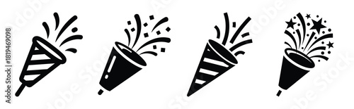 Illustration of the party popper simple silhouette vector icon set. happy New Year 2026 vector icons collection.