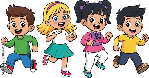 Happy cartoon children running together in colorful outfits, joyful expressions, and playful motion for educational, seasonal, and vector content use.