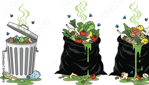 Rotting garbage containers with flies, green fumes, and food waste for sanitation awareness, pollution impact, and environmental vector illustration.