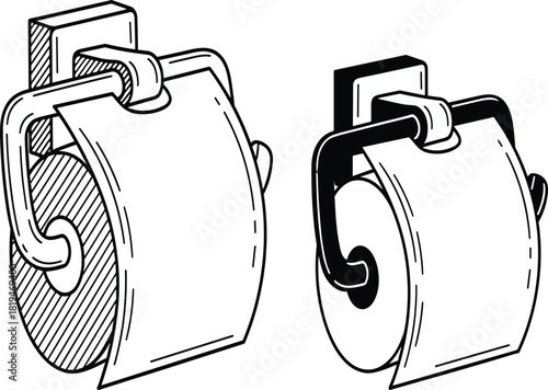 Toilet paper roll orientation comparison showing over and under hanging styles for hygiene, bathroom habits, and household vector design use.