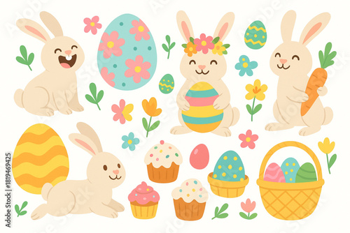 Whimsical Easter vector illustrations including humorous bunny poses oversized patterned eggs flower crowns sweet treats and playful seasonal icons rounded shapes bright pastel palette high resolution