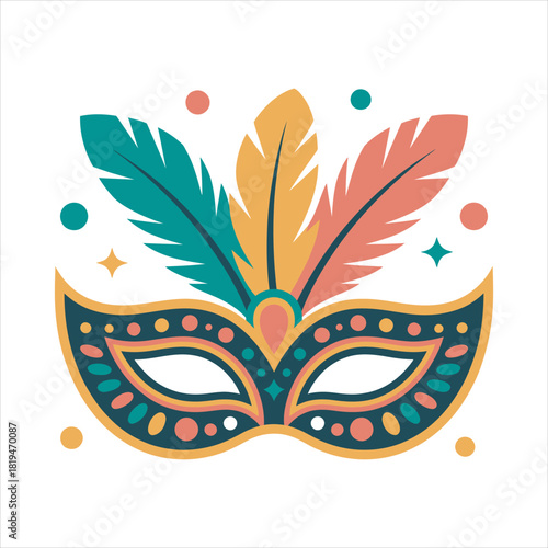 Detailed venetian style mask with three colorful feathers on a transparent background