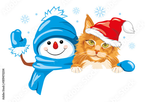 Peeking waving snowman and cute ginger cat. Festive design