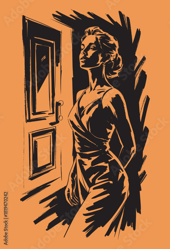 Woman in slip dress standing by an open door with dramatic shadows and light