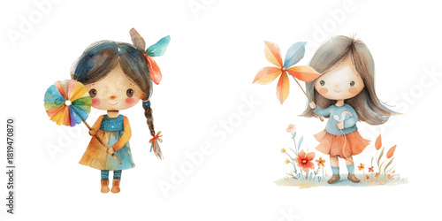 cute girl holding pinwheel watercolor vector illustration