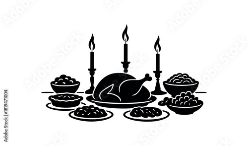 Table with festive dishes and candles black silhouette with plate and flame line details holiday feast scene