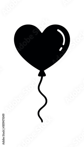 Heartshaped balloon with string black silhouette with shine and ribbon lines romantic holiday icon