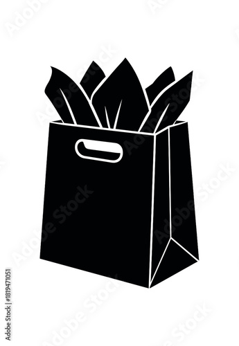 Gift bag with tissue paper black silhouette with handle and fold lines party favor or event gift item