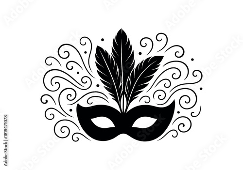 Mask with feathers and swirl decor black silhouette with festive carnival lines masquerade element