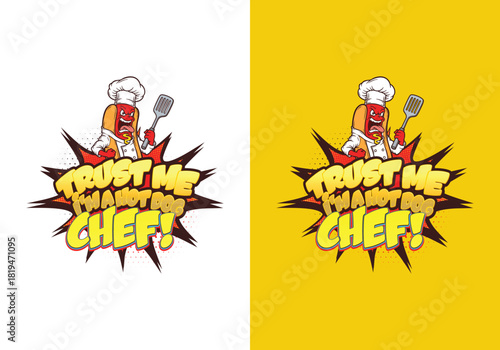 Groovy 70s Funk Flow Design Retro Bubble Lettering T-Shirt Graphic with BBQ Hot Dog Icon.