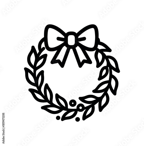 Festive wreath with bow on top black silhouette with leaf and ribbon lines holiday decoration icon