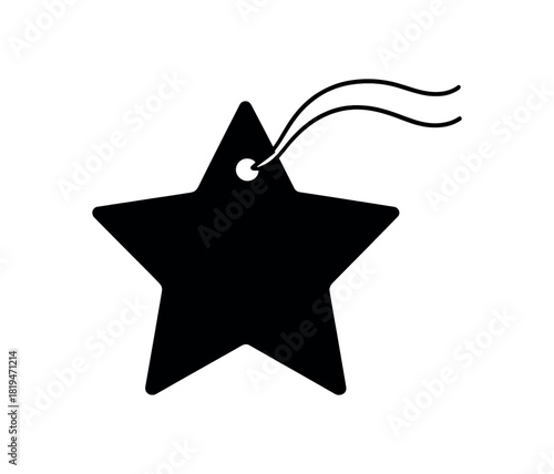 Starshaped gift tag black silhouette with hole and string lines festive package label